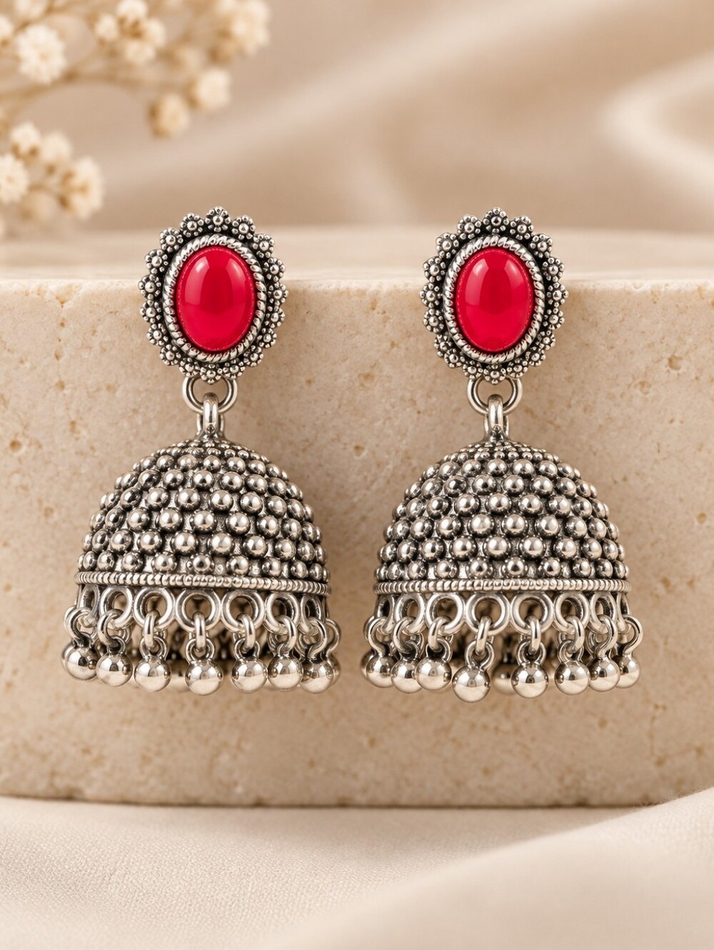 Red Stone Oxidized Silver Jhumka Earrings | Indian Statement Jewelry